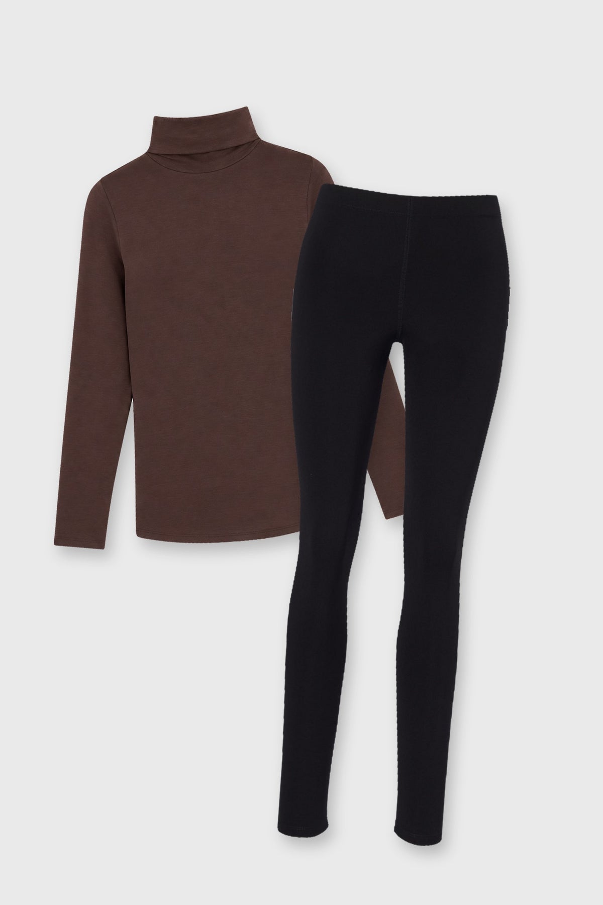 The Roll Neck & Leggings Pairing: chocolate micro modal roll neck and black micro modal leggings