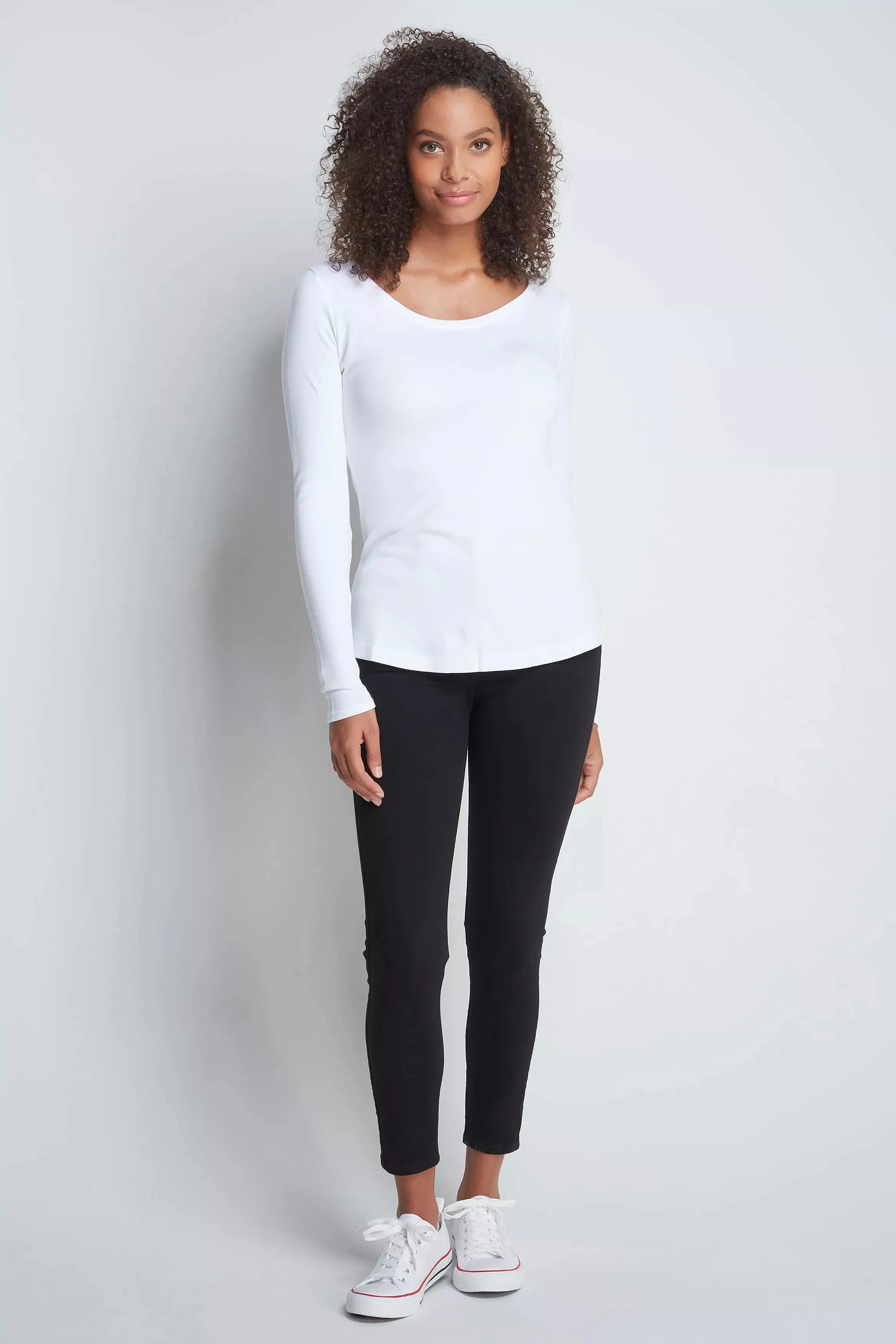 Women’s white cotton modal long sleeve scoop neck T-shirt by Lavender Hill Clothing