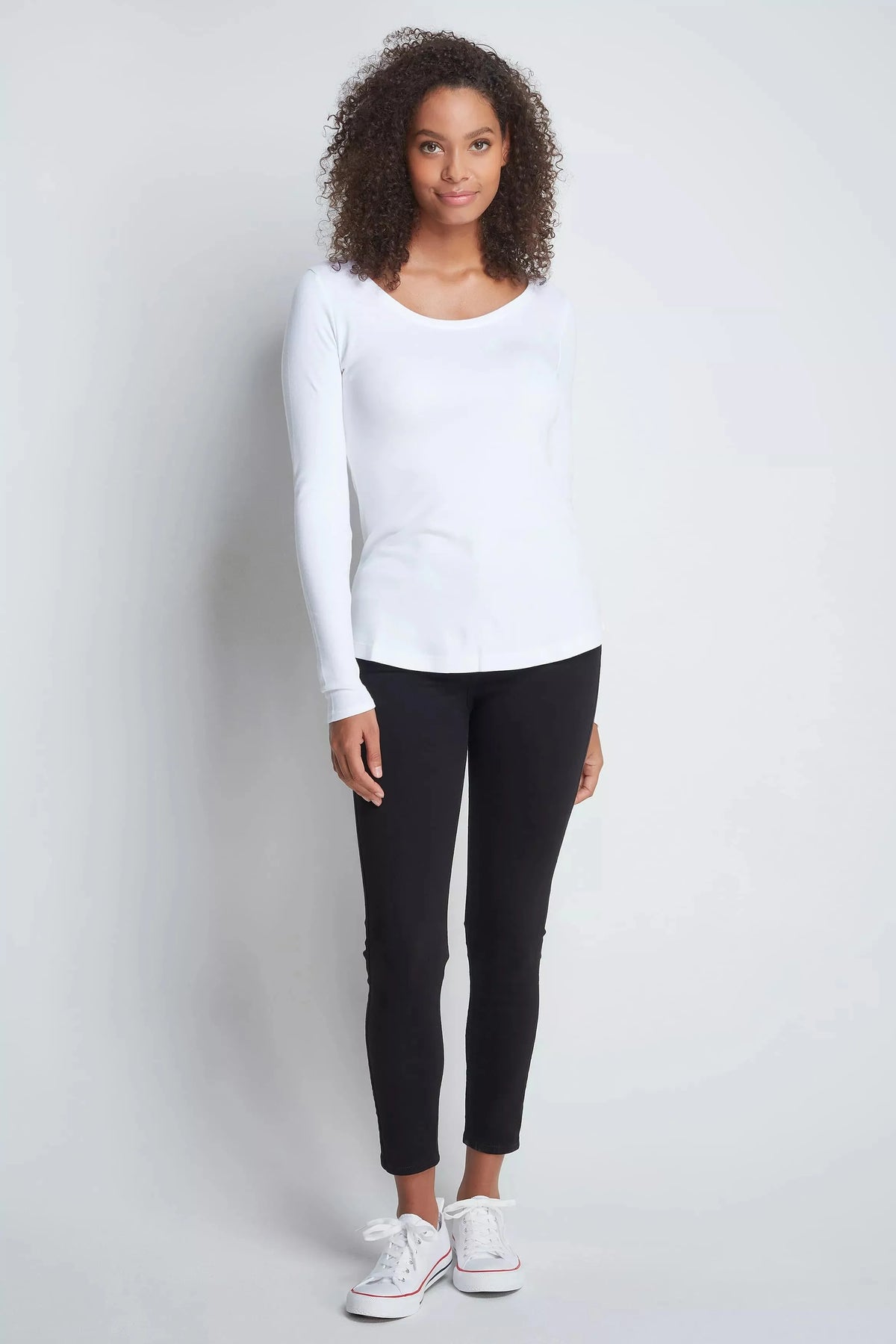 The Layering T-shirt Pair: white long sleeve scoop neck T-shirt worn
