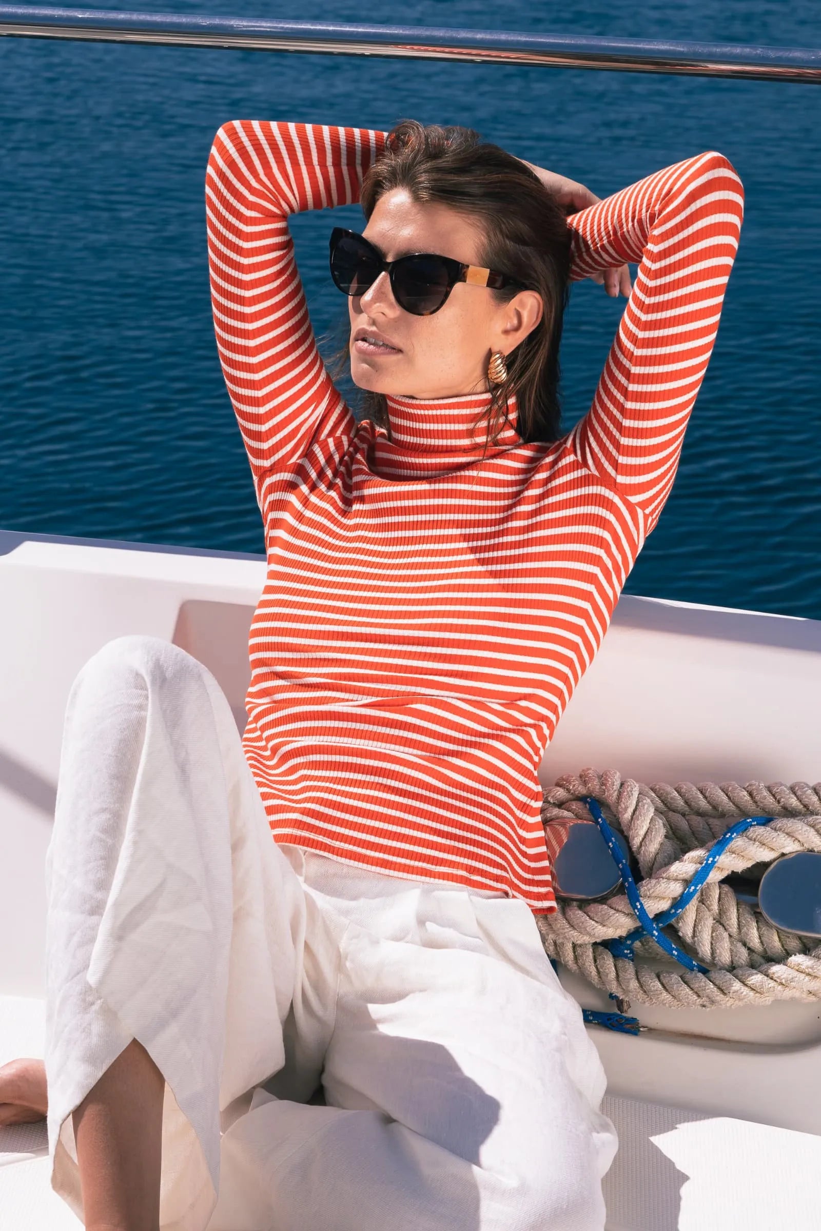 Striped Cotton Roll Neck Women's Long Sleeve T-shirt Lavender Hill