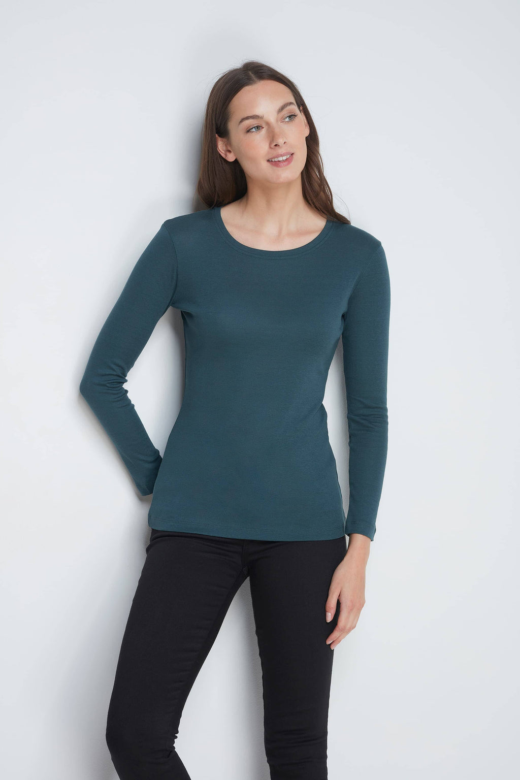 Crescent Elastic Long Sleeve O-Neck Women's authentic Chic Body Shirt