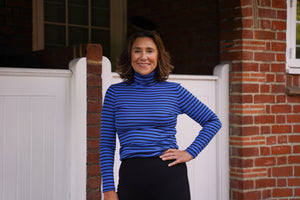 Blue black stripe roll neck top