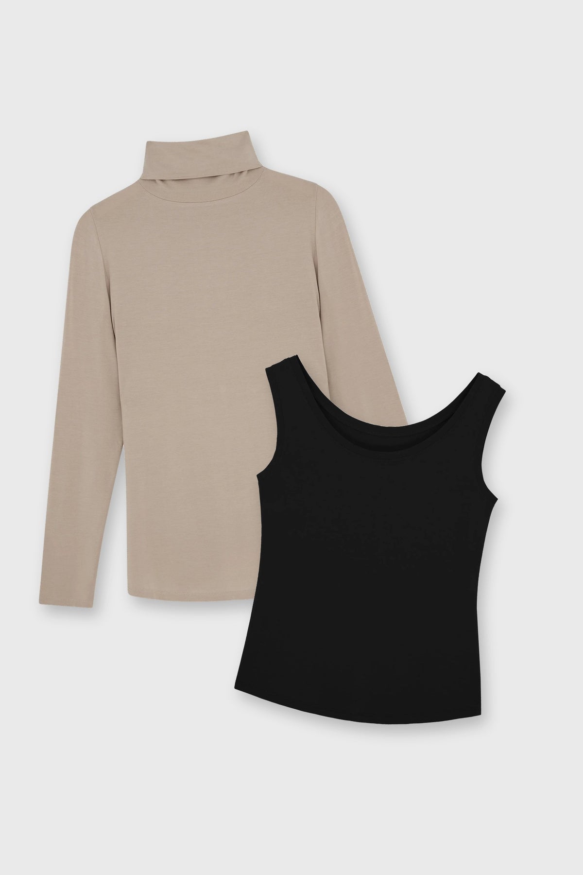 The Keep Warm Layering Gift: taupe micro modal roll neck and black sleeveless vest top