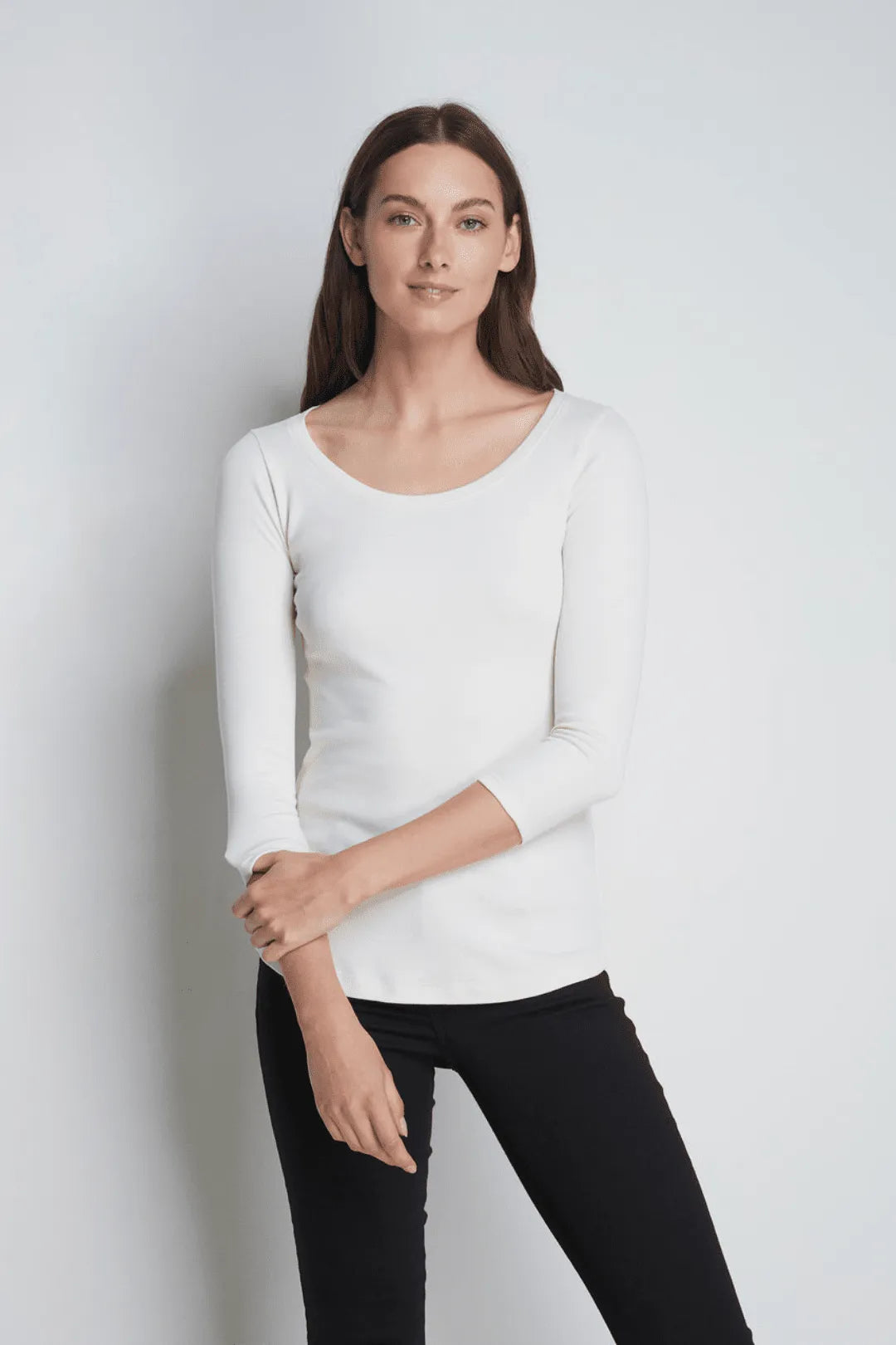 Women’s cream cotton modal 3/4 sleeve scoop neck T-shirt by Lavender Hill Clothing