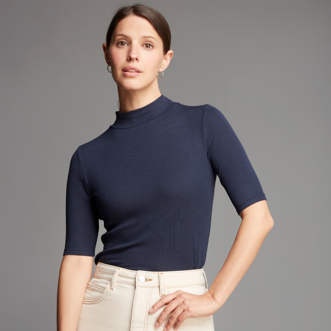 Women's navy mock neck top