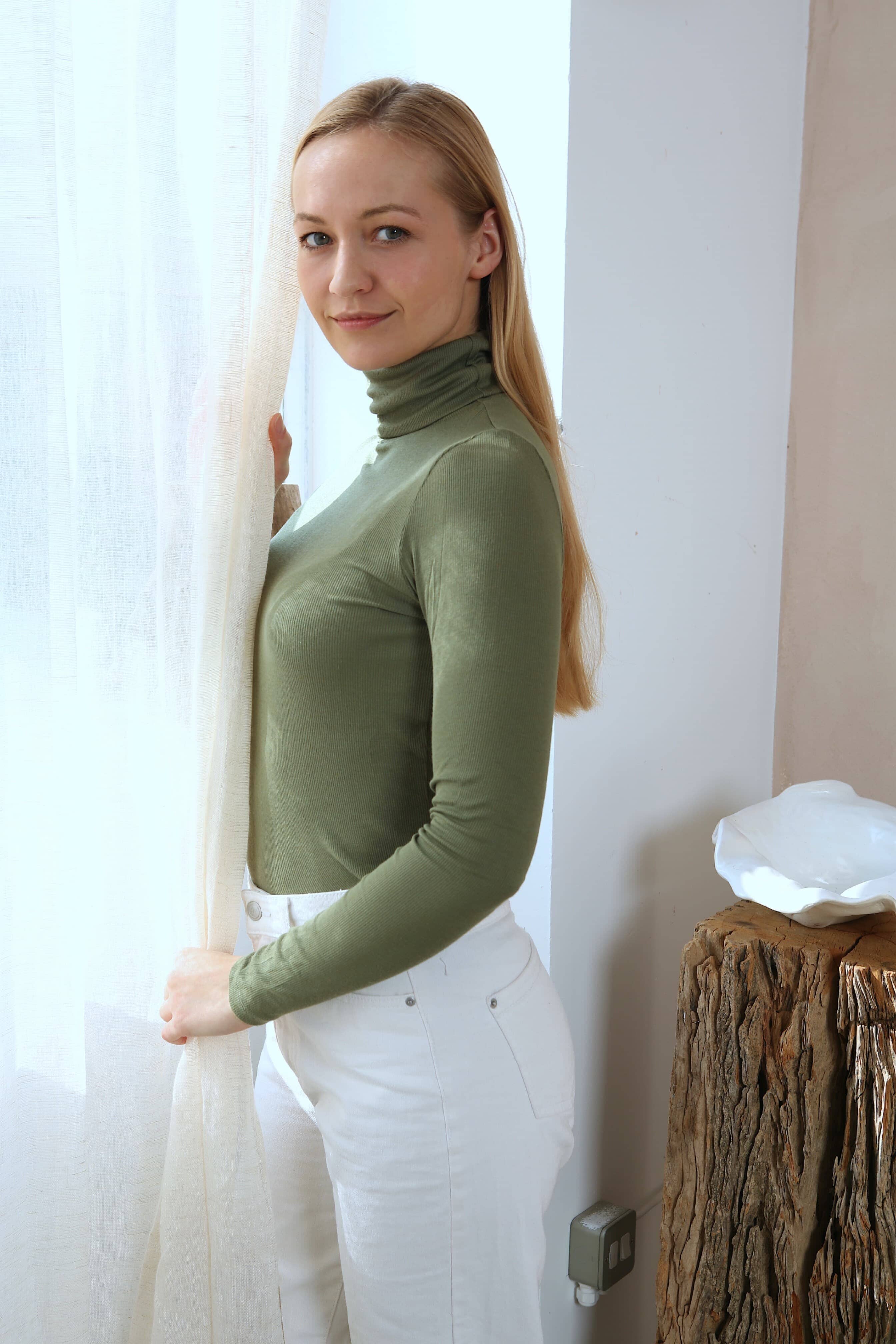 Green Silk Rib Roll Neck Top by Lavender Hill