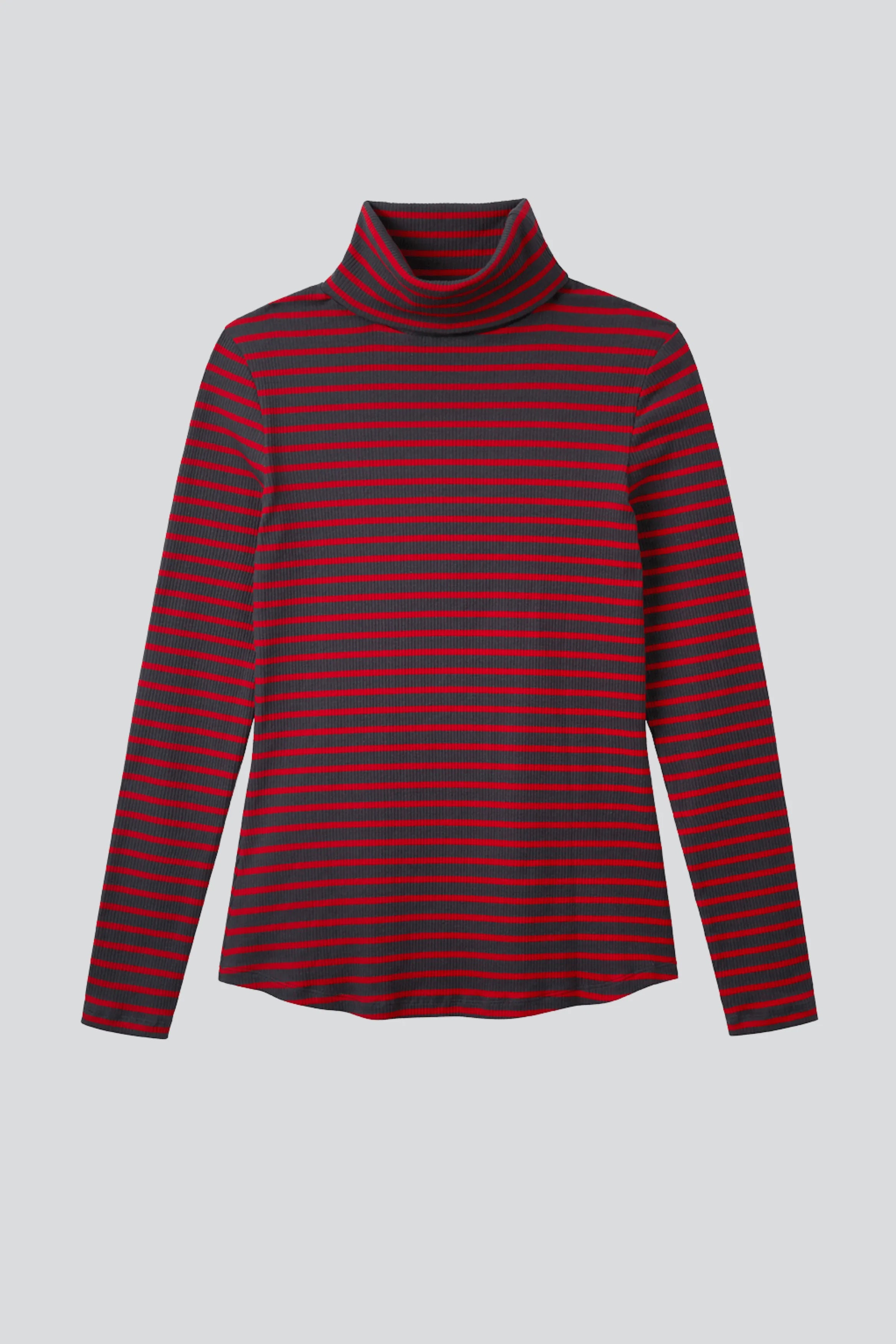 Women's Striped Cotton Roll Neck Top Red and Grey - Quality Long Sleeve Roll Neck Top - Flattering Long Sleeve Roll Neck Top by Lavender Hill Clothing