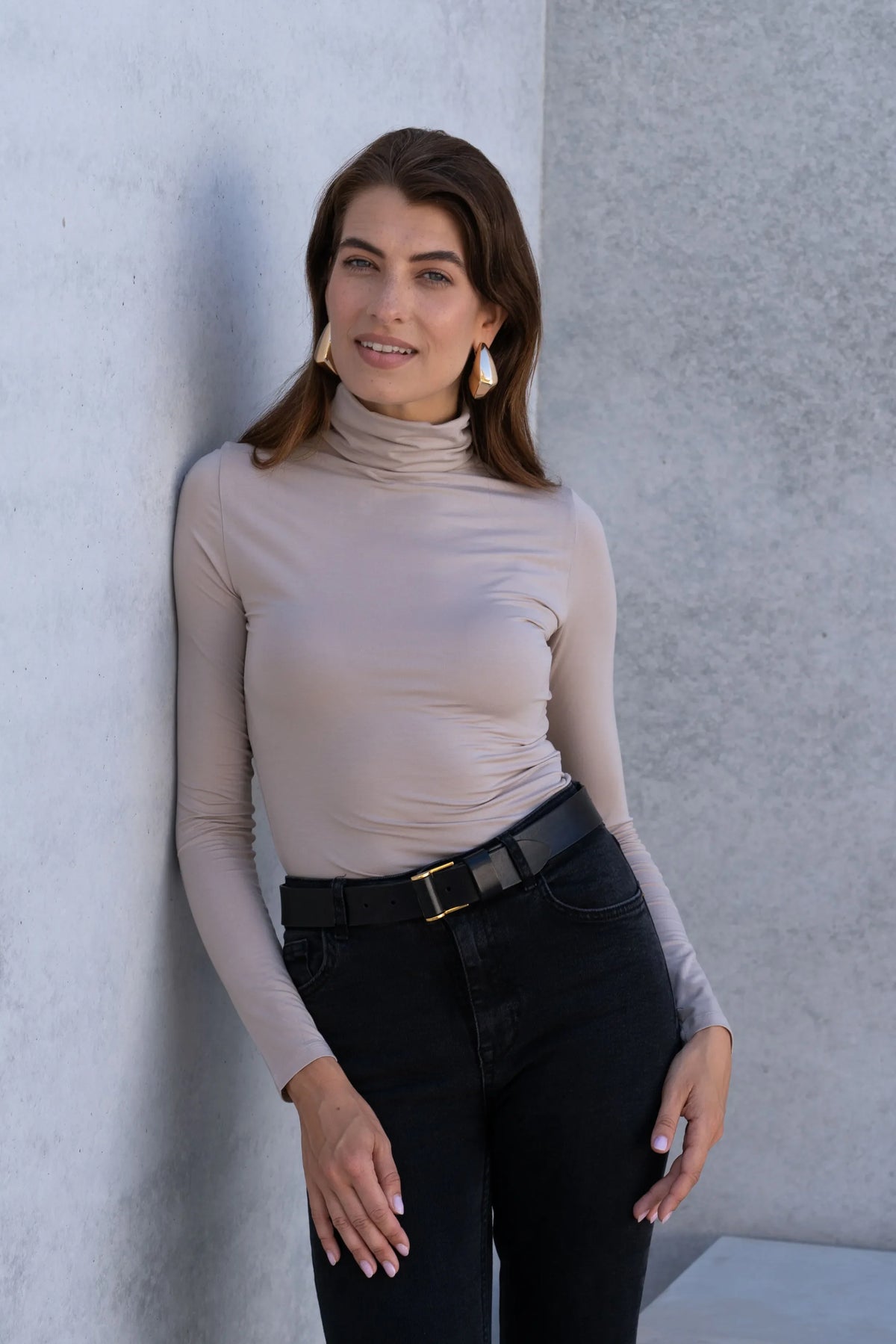 The Keep Warm Layering Gift: taupe roll neck worn