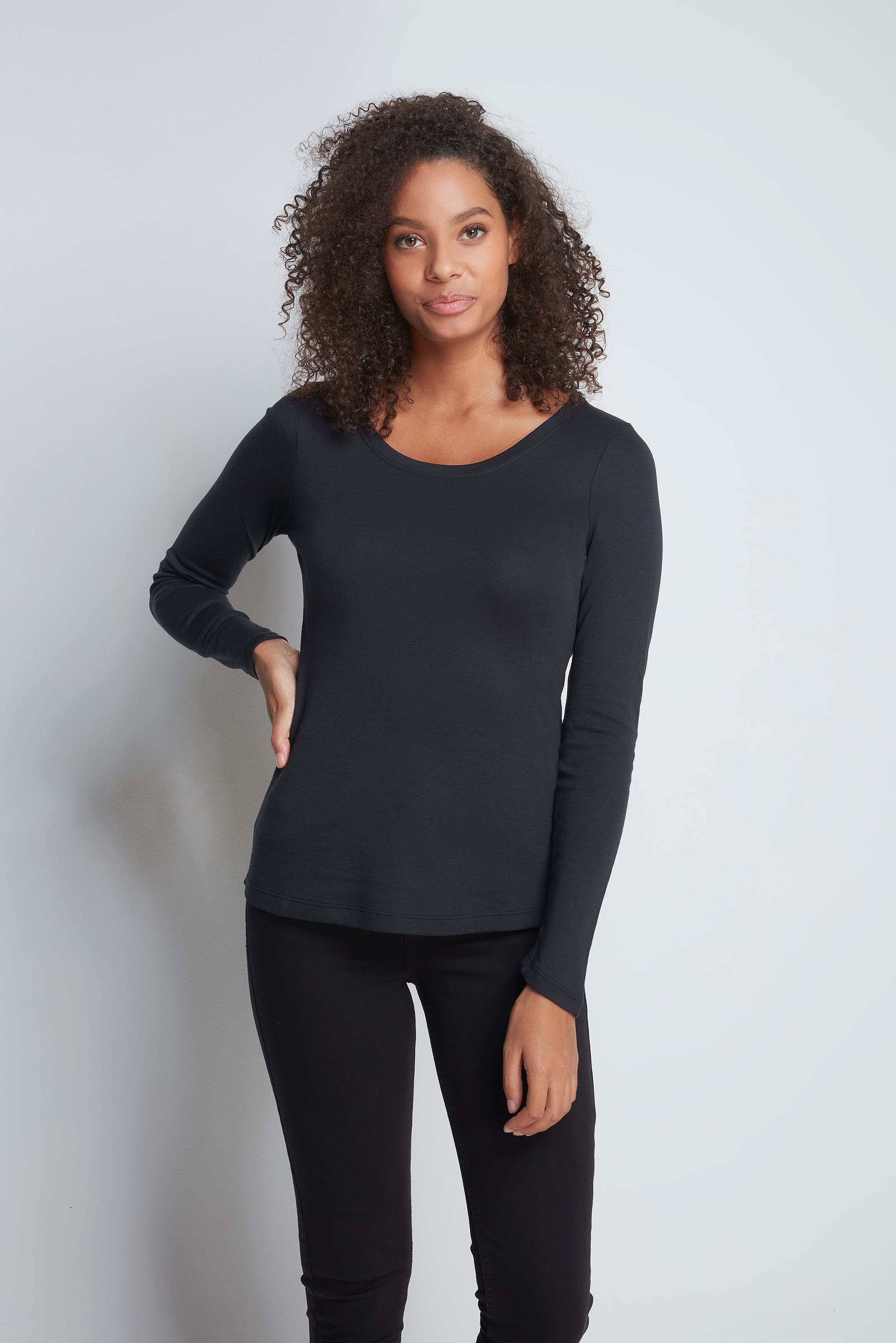 Long Sleeve Black Scoop Neck T-shirt - High Quality Flattering Scoop Neck - Classic Mid-Weight Long Sleeve T-Shirt by Lavender Hill Clothing