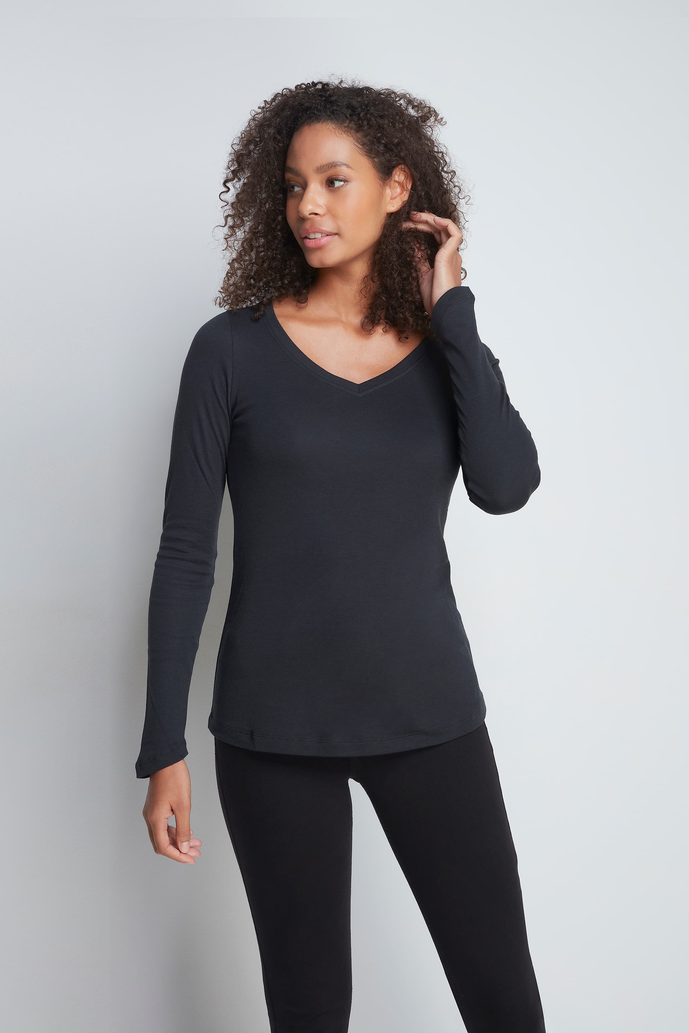 Women's High Quality Long Sleeve V-Neck T-Shirt - Comfortable V-Neck T-Shirt - Flattering Long Sleeve T-Shirt - Soft Black Long Sleeve V-Neck by Lavender Hill Clothing