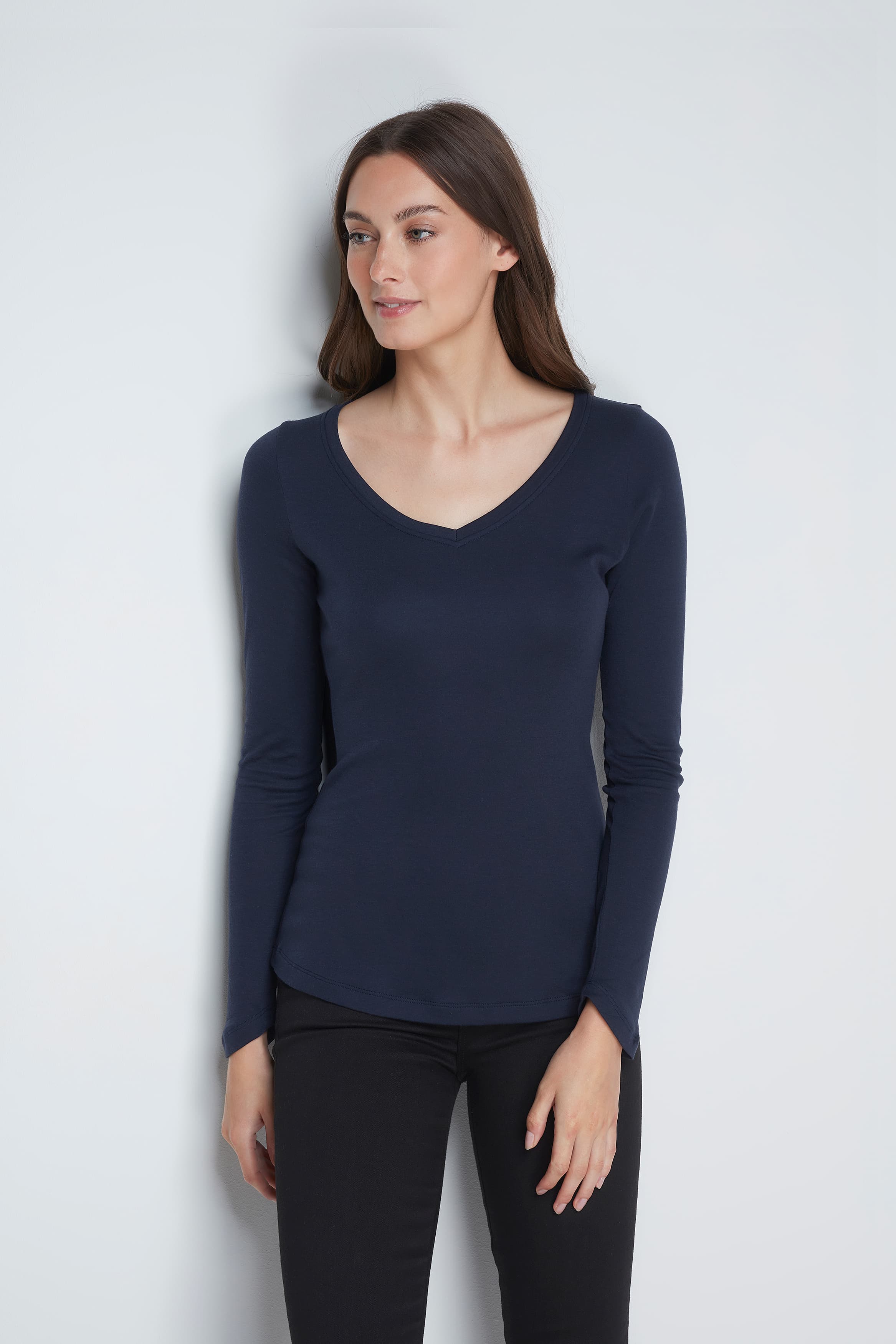 Women's High Quality Long Sleeve V-Neck T-Shirt - Comfortable V-Neck T-Shirt - Flattering Long Sleeve T-Shirt - Soft Navy Long Sleeve V-Neck