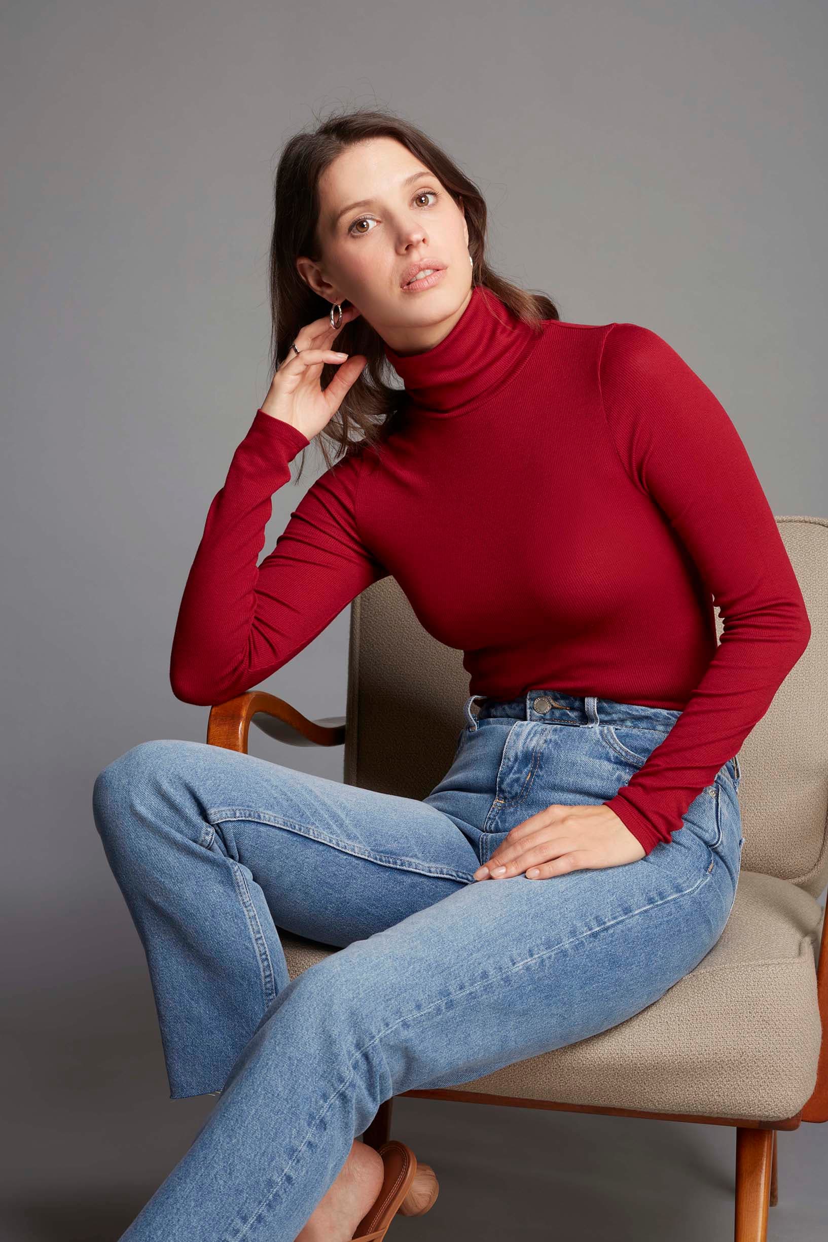 Luxury Women's Silk Rib Roll Neck Top in Wine - Ribbed Roll Neck Top - Long Sleeve Roll Neck Top by Lavender Hill Clothing