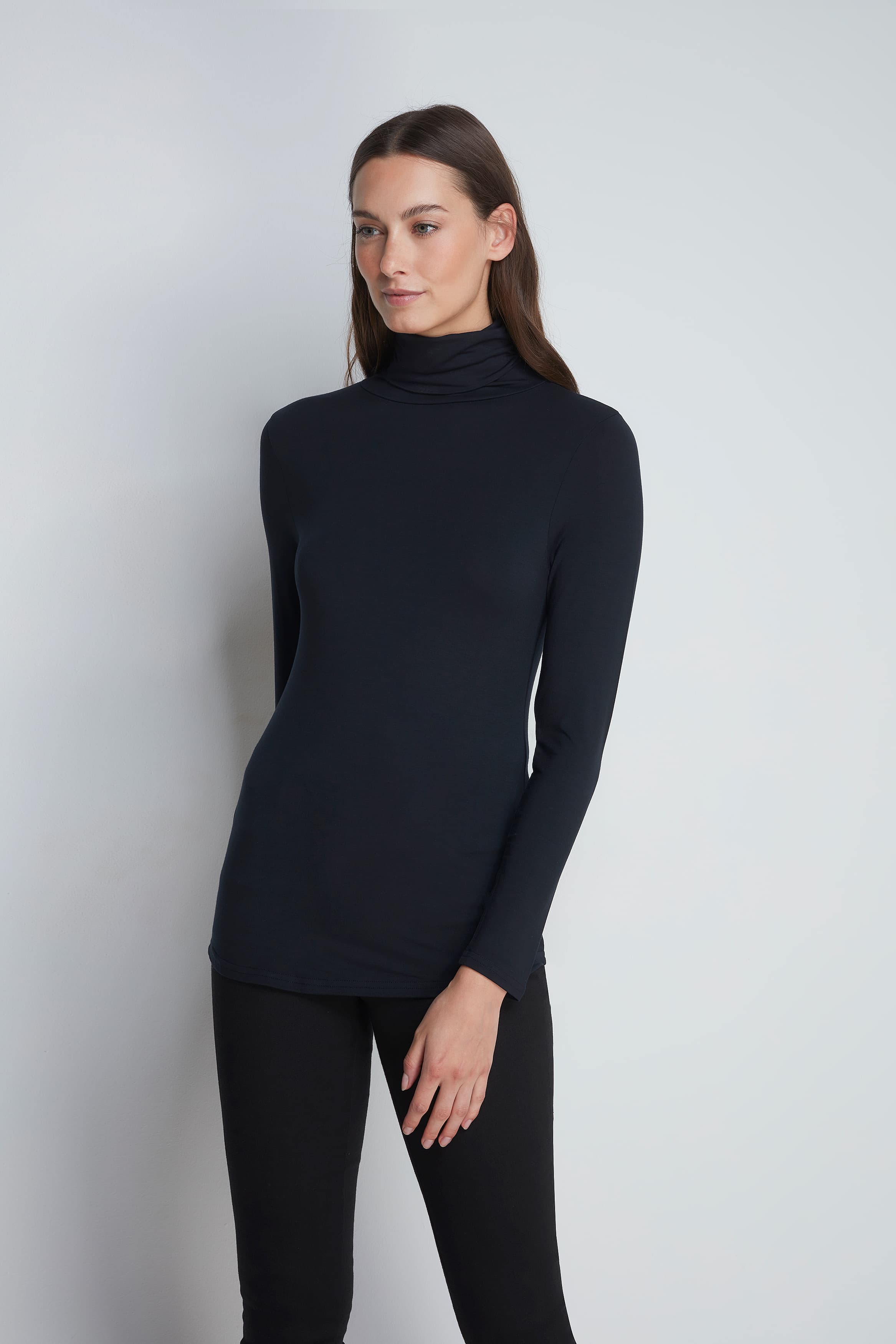 Women's High Quality Thermal Long Sleeve Black Roll Neck Top - Comfortable Polo Neck - Flattering Long Sleeve T-Shirt - Soft Black Long Sleeve Polo Neck by Lavender Hill Clothing