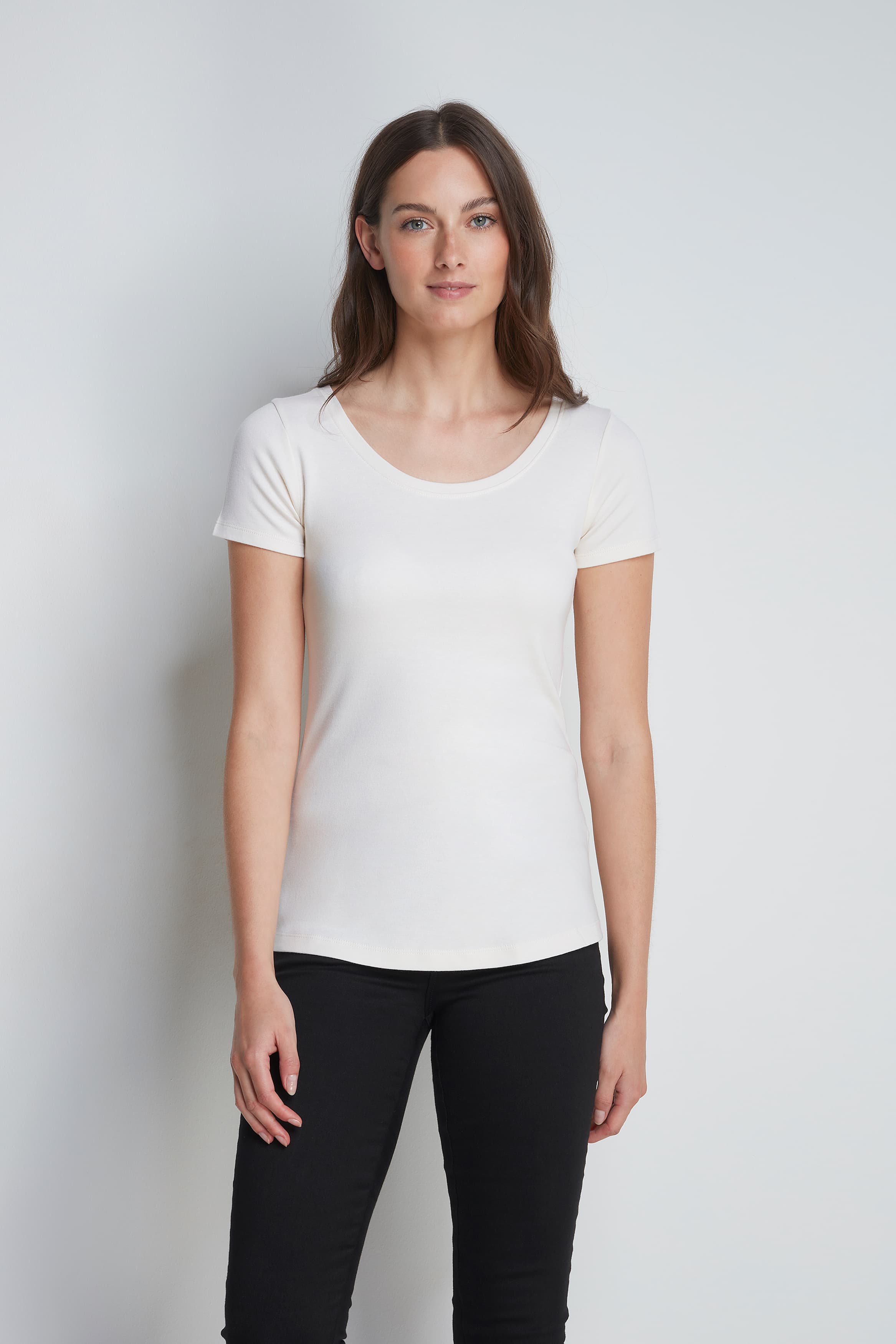 Women's Quality Scoop Neck Cotton Modal Blend T-shirt in Cream- Comfortable T-shirt - Essential Short Sleeve T-shirt by Lavender Hill Clothing